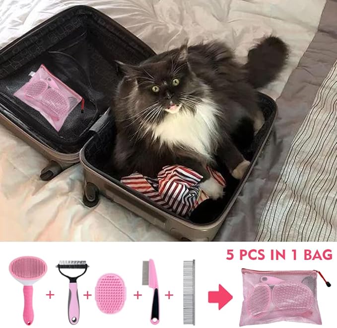Dog Grooming Kit - Deshedding Brush for Short Hair, Slicker Brush, Flea Comb, Puppy Brush Set in Pink-PurrikoPets