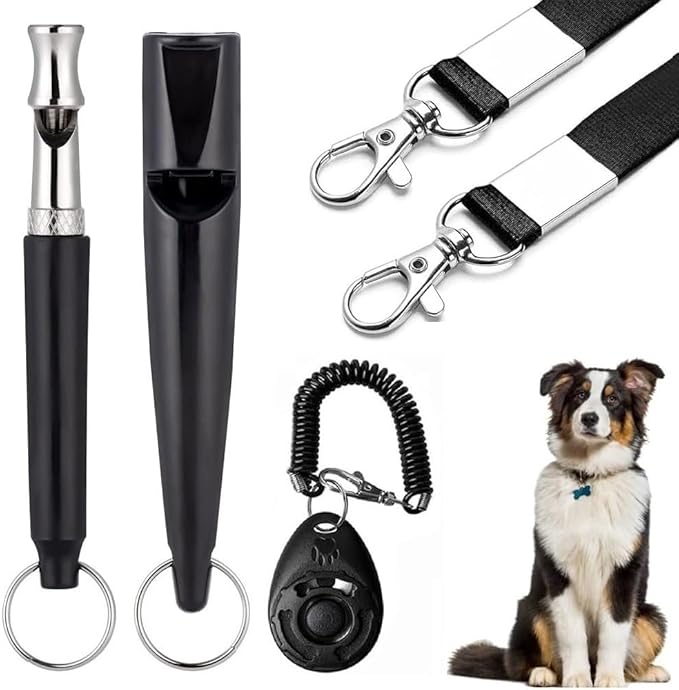 3 PCS Dog Whistles Set, Adjustable Recall Dog Training Whistle Silent Dog Whistle to Stop Barking with Lanyard,Dog Clicker(Black)-PurrikoPets