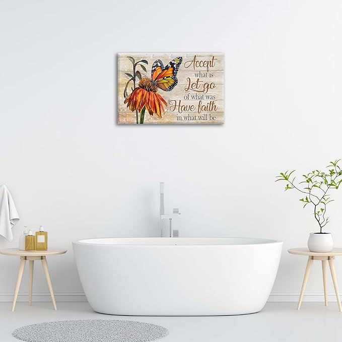 Farmhouse Butterfly Bathroom Pictures Wall Art, Rustic Floral Country Bathroom Wall Decor, Daisy Inspirational Framed Painting Canvas Artwork for Bedroom Living Room Decorations 24"L x 16"W-PurrikoPets