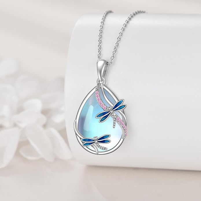 KQF Dragonfly/Butterlfy/Cat/Jellyfish/Bunny/Axolotl/Bee/Mermaid/Hummingbird/Elephant Necklace for Women Sterling Silver Moonstone Pendant Necklace Dragonfly Jewelry Gifts for Women