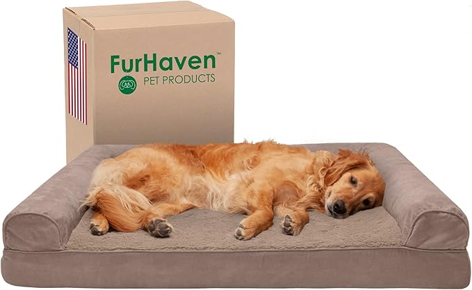 Furhaven Cooling Gel Dog Bed for Large Dogs w/ Removable Bolsters & Washable Cover, For Dogs Up to 95 lbs - Plush & Suede Sofa - Almondine, Jumbo/XL-PurrikoPets