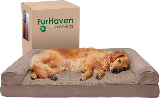 Furhaven Cooling Gel Dog Bed for Large Dogs w/ Removable Bolsters & Washable Cover, For Dogs Up to 95 lbs - Plush & Suede Sofa - Almondine, Jumbo/XL-PurrikoPets