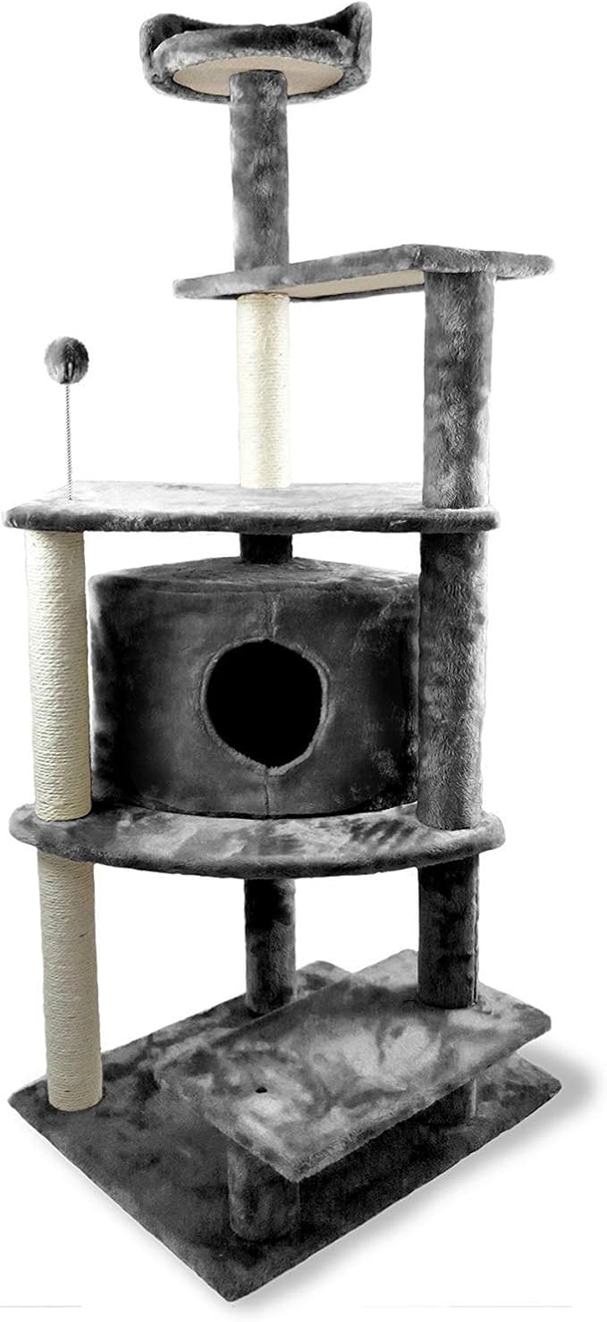 Furhaven 59.8" Tall Cat Tree for Indoor Cats, Ft. Sisal Scratching Posts, Condo, & Toys - Tiger Tough Platform House Interactive Playground Tower - Gray, One Size-PurrikoPets
