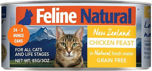 Feline Natural New Zealand Canned Catfood Wet Food, High-Meat, Low-Carb, & Grain Free Cat Food Wet, Chicken Feast, 3 oz, Pack of 24-PurrikoPets