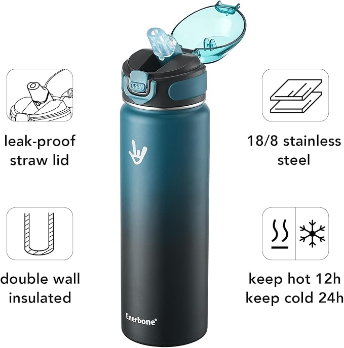 Enerbone 24 oz Insulated Water Bottle, Stainless Steel Bottle with Carrying Strap, Double-Wall Vacuum Insulation Design, Leakproof Sports Bottle with Straw, Keep Drinks Cold or Hot for Hours-PurrikoPets