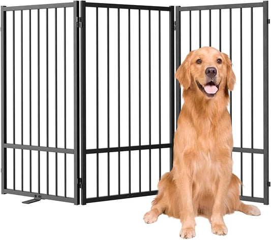 Full Metal Freestanding Dog Gate with Door, 36''Height Foldable Pet Dog Fence for Indoor & Outdoor, 3 Panels Extra Wide Free Standing TallDog Gates for Doorways,House,Stairs,Porch,Deck,Yard-PurrikoPets