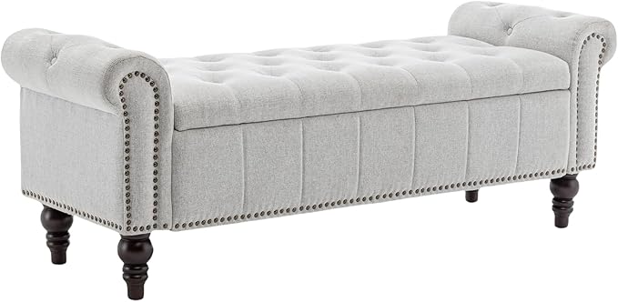 58’’ Storage Bench for Bedroom, Upholstered Button-Tufted Ottoman with Solid Wood Legs, Queen Size End of Bed Shoe Cabinet, Window Seat Foot Rest Stool for Entryway, Living Room (Silver)-PurrikoPets