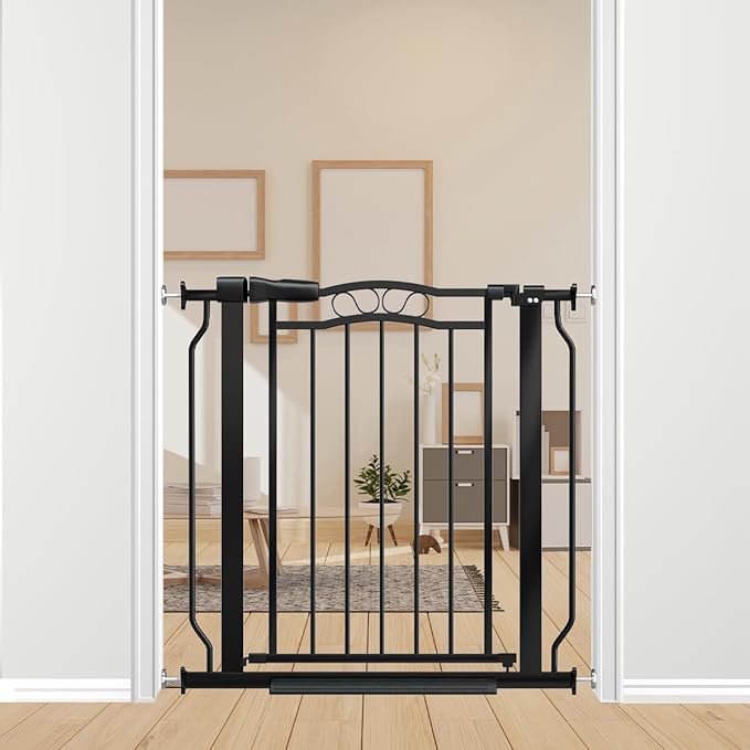 30" Tall Narrow Baby Gate for Doorways No Drill 29.5-33.8" Wide, Auto Close Press Mounted Baby Gate Indoor for Kids, Walk Through Pet Gates for Stairs, Black-PurrikoPets