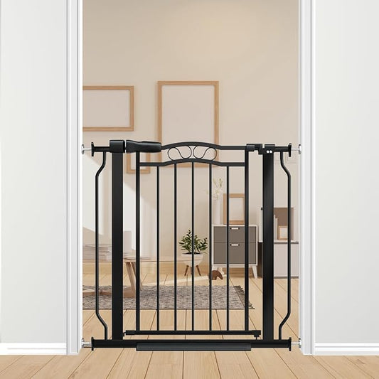 30" Tall Narrow Baby Gate for Doorways No Drill 29.5-33.8" Wide, Auto Close Press Mounted Baby Gate Indoor for Kids, Walk Through Pet Gates for Stairs, Black-PurrikoPets