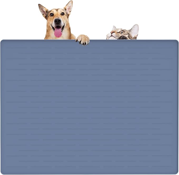 32" x 24" Large Pet Food Mat, Silicone Dog Mats for Food and Water, Nonslip Pet Feeding Mats for Floors,Dog Cat Bowl Mat with Raised Edges, Lake Blue-PurrikoPets