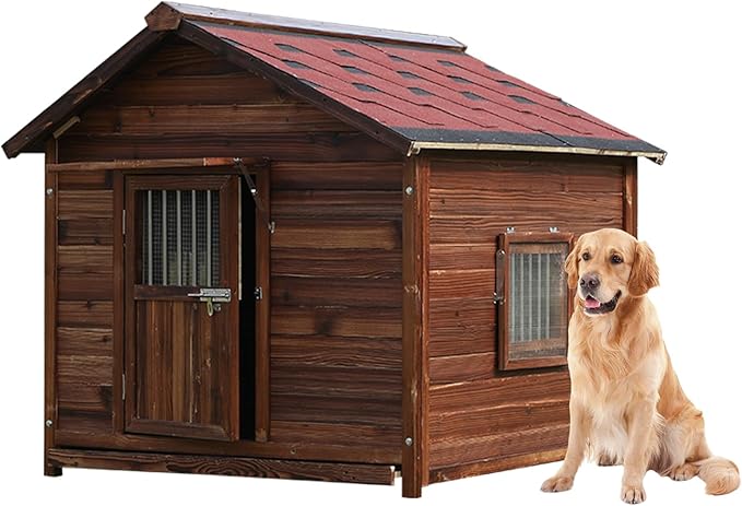 Extra Large Dog House Outdoor Made of Solid Pine Wood, Warm Doghouse, Dog House with Elevated Floor for Large Dogs, (Wood, 4XL)-PurrikoPets