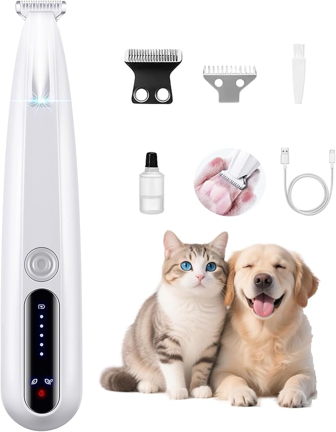 2 Mode Paw Trimmer for Dogs & Cats - Electric Quiet Dog & Cat Grooming Trimmer, Rechargeable Clipper with LED Light, 2 Blades, Waterproof for Paws/Ears/Face-PurrikoPets