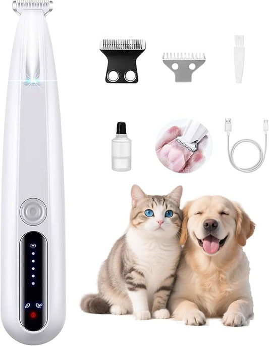 2 Mode Paw Trimmer for Dogs & Cats - Electric Quiet Dog & Cat Grooming Trimmer, Rechargeable Clipper with LED Light, 2 Blades, Waterproof for Paws/Ears/Face-PurrikoPets