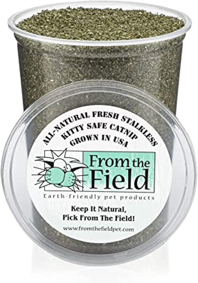 from The Field | Fine Ground Stalkless Catnip | Premium USA-Grown Catnip for Toys & Playtime | Fresh, Potent, Non-Toxic, Eco-Friendly | Safe for Kittens & Cats | Resealable 6 oz Tub-PurrikoPets