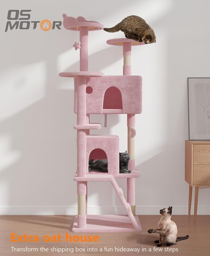 70'' Cat Tree Tower for Indoor Cats Large Adult,Cute/Tall Modern Cat Tree for Big Cats 20 lbs,Plush Multi-Level Cat Condo with Scratching Posts,Dangling Ball for Fun Play(Soft Pink, 70 inch)-PurrikoPets