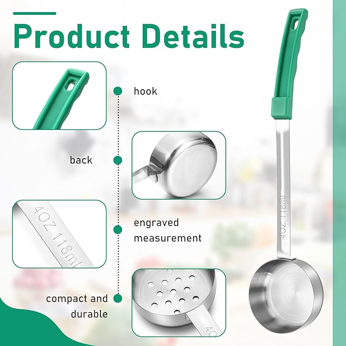 16 Pcs Portion Control Serving Spoons, Restaurant Measuring Serving Ladle Utensils, Portion Control Slotted Scoops for Weight Loss, Solid and Perforated Scoops(Green,4 oz)-PurrikoPets