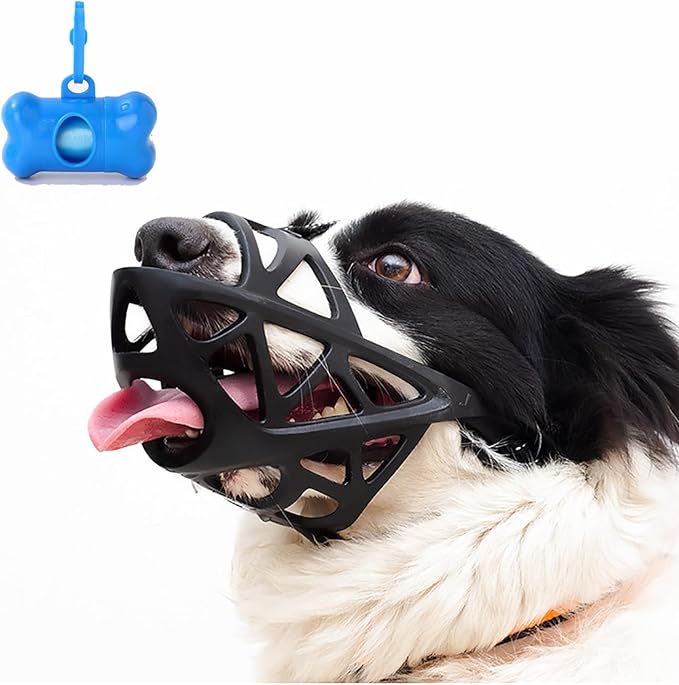 Dog Muzzle, Breathable Basket and Soft Cage Black Dog Mouth Cover,Anti-Biting, Barking and Chewing for Small Medium Large Dogs, 1 Pack Poop Bags for Dogs (Medium)-PurrikoPets