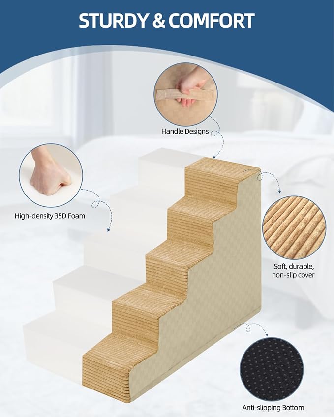 Dog Stairs for Small Dogs,22" H,5-Step Dog Steps for Bed and Couch with High Density Foam,Non-Slip Pet Steps for Doggy and Cat,Pet Stairs with a Washable Cover,Khaki-PurrikoPets