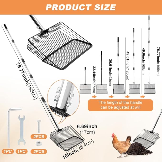 10inch Chicken Poop Scooper, Chicken Coop Scoop for Poop, 4 Sections Extended with 22 to 77inch Stainless Steel Adjustable Handle, Litter Scooper Sifting Shovel-PurrikoPets