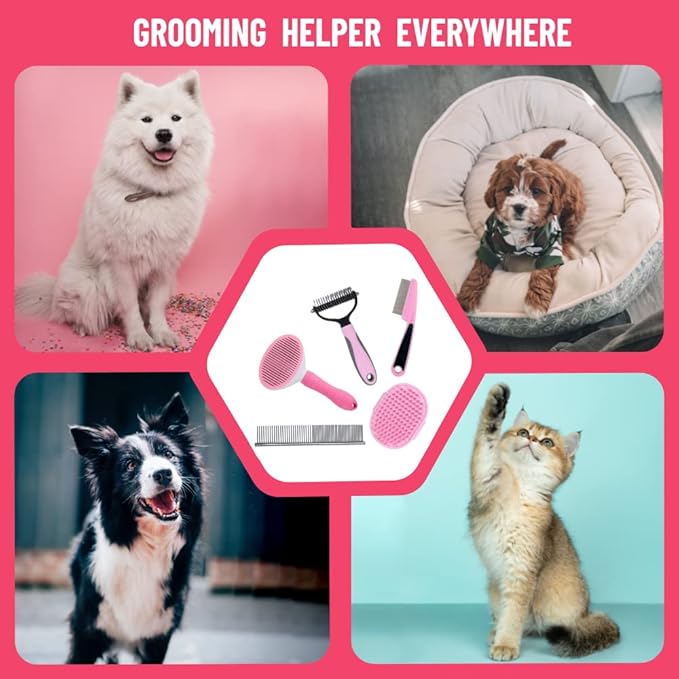 Dog Grooming Kit - Deshedding Brush for Short Hair, Slicker Brush, Flea Comb, Puppy Brush Set in Pink-PurrikoPets