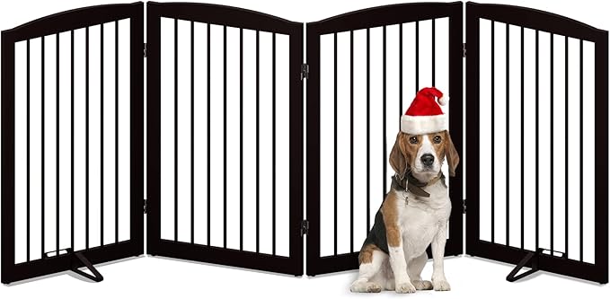 Freestanding Pet Gate for Dogs, Indoor Wooden Foldable Dog Gate for House, Doorway, Stair, 80 Inch Wide, 4 Panels 32",Brown-PurrikoPets