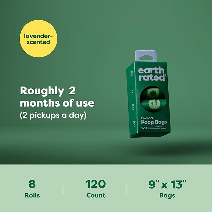 Earth Rated Poop Bags for Dogs Guaranteed Leak Proof and Extra Thick Waste Bag Refill Rolls, Lavender Scented, 120 Count-PurrikoPets