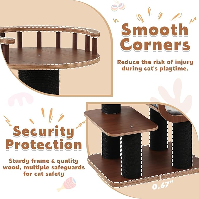 70.9'' Black Cat Tree for Indoor Cats Large Adult, Heavy Duty Cat Tower with Scratching Post, Modern Kitty Tree with Removable Mats, Semi-closed Condo and Transparent Bowl, Wooden Luxury Cat Furniture-PurrikoPets