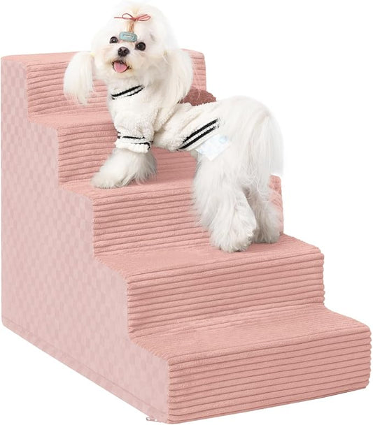Dog Stairs for Small Dogs,22" H,5-Step Dog Steps for Bed and Couch with High Density Foam,Non-Slip Pet Steps for Doggy and Cat,Pet Stairs with a Washable Cover,Pink-PurrikoPets