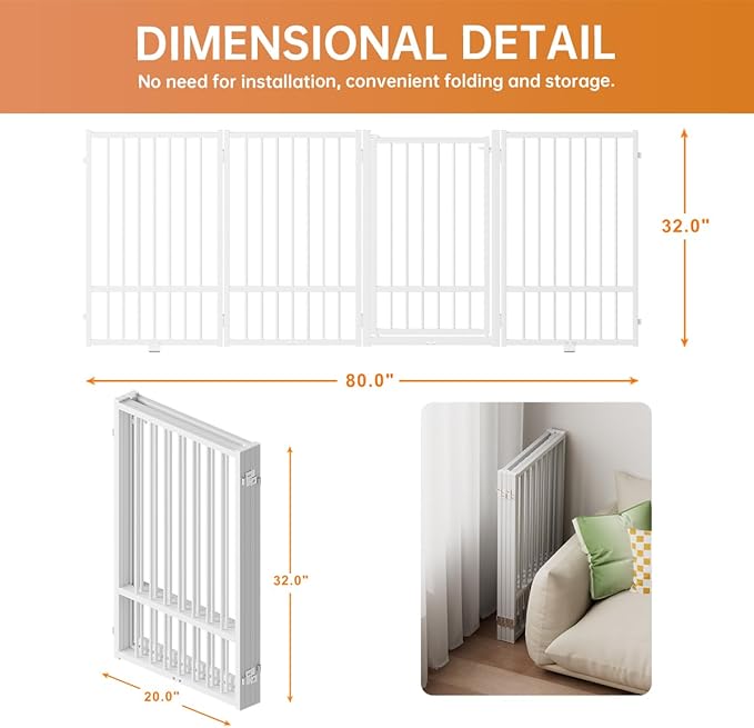 Full Metal Freestanding Dog Gate with Door, 32''Height Foldable Pet Dog Fence for Indoor & Outdoor, 4 Panels Extra Wide Free Standing TallDog Gates for Doorways,House,Stairs,Porch,Deck,Yard-PurrikoPets