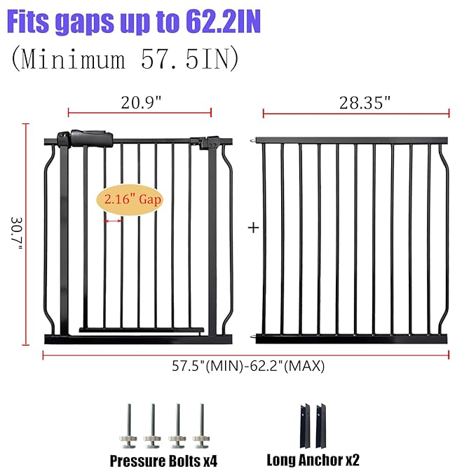Extra Wide 57.5-62 Inch Large Baby Gates for Stairs, Doorways - No Drilling, Pressure Mounted Pet Gates for Kids & Dogs-PurrikoPets