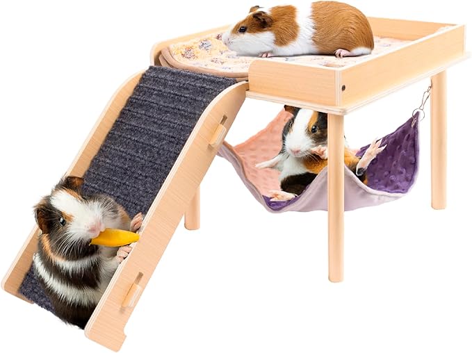 Enlarged Guinea Pig Hammock with Platform and Stairs,Wooden Small Animal Hideout for Guinea Pigs Bunny Ferret Hamster Hiding Sleeping Activities(Single)-PurrikoPets