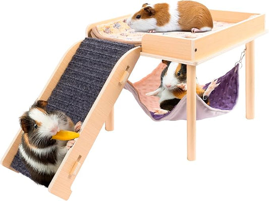 Enlarged Guinea Pig Hammock with Platform and Stairs,Wooden Small Animal Hideout for Guinea Pigs Bunny Ferret Hamster Hiding Sleeping Activities(Single)-PurrikoPets
