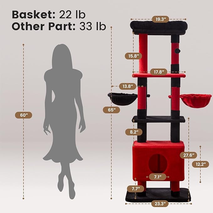 Gardner Pet 65in Heavy Duty Cat Tree Tower for Large Cats, Multi-Level Cat Furniture with Replaceable Sisal Scratching Post, Hammock | Extra-Large Platform & Condo (Black Red, Basic φ:2.84")-PurrikoPets
