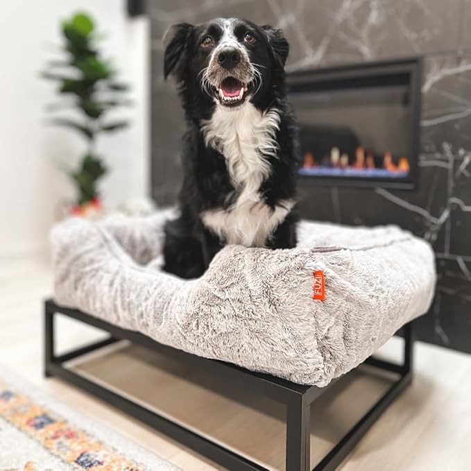 FUZI Luxury Aesthetic Dog Bed for Large Dogs with Washable Cover, Pet Couch, Pet Bed with Sides, Non-Slip Bottom, Soft and Durable Calming Dog Bed, Faux Fur Cover, Large 35.6x28.5x9.5 Light Grey-PurrikoPets