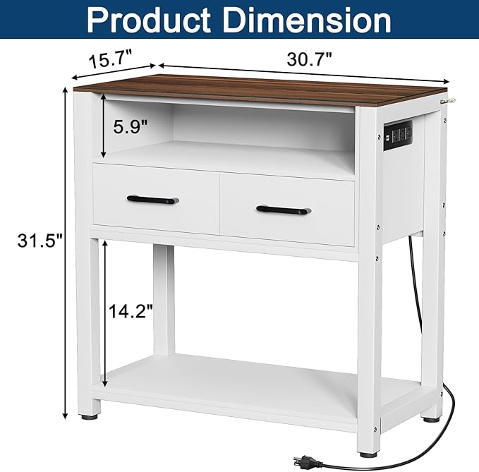 20-29 Gallon Fish Tank Stand with Power Outlet & 2 Storage Drawers, Heavy Duty Metal Frame Aquarium Stand with Waterproof Mat, 30.7" L*15.7" W Tabletop, 550LBS Capacity, White+Brown-PurrikoPets