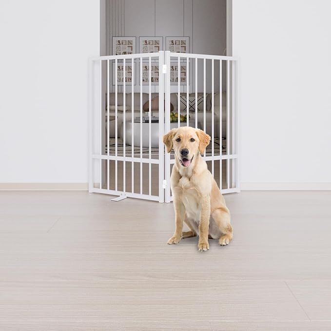Full Metal Freestanding Dog Gate with Door, 32''Height Foldable Pet Dog Fence for Indoor & Outdoor, 2 Panels Extra Wide Free Standing TallDog Gates for Doorways,House,Stairs,Porch,Deck,Yard-PurrikoPets