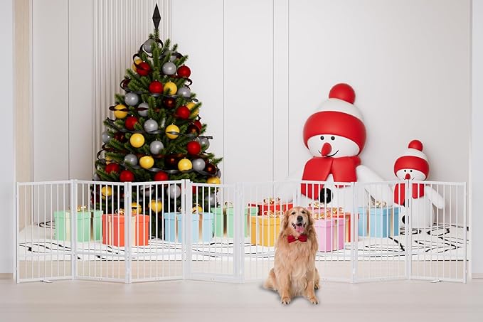 Full Metal Freestanding Dog Gate with Door, 32''Height Foldable Pet Dog Fence for Indoor & Outdoor, 8 Panels Extra Wide Free Standing TallDog Gates for Doorways,House,Stairs,Porch,Deck,Yard-PurrikoPets