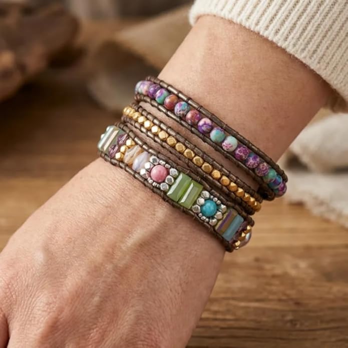 YGLINE Boho Handmade Wrap Leather Tube Crystal Stone Bracelet for Women