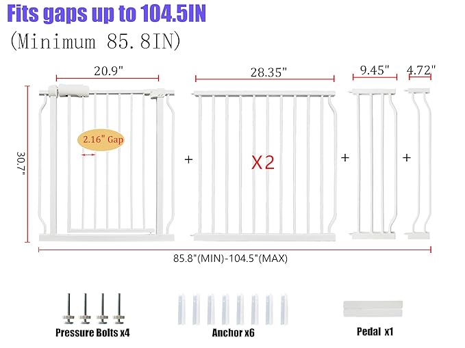 Extra Wide Baby Gate 85.8-104.5 Inch, Pressure Mounted No Drilling, for Stairs & Doorways, Metal White Indoor Safety Gate for Kids and Dogs-PurrikoPets