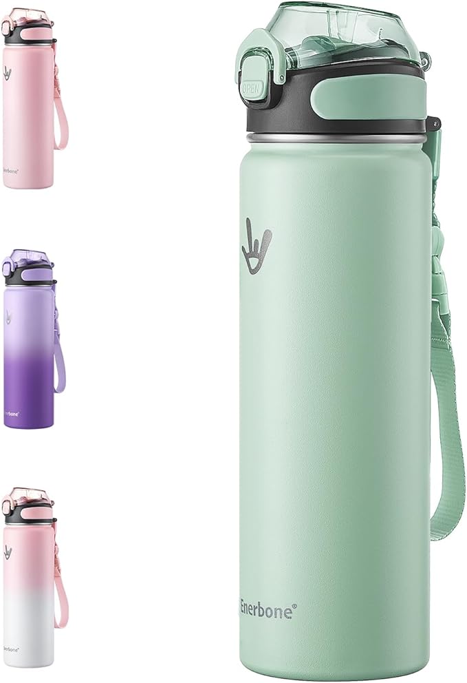 Enerbone 24 oz Insulated Water Bottle, Stainless Steel Bottle with Carrying Strap, Double-Wall Vacuum Insulation Design, Leakproof Sports Bottle with Straw, Keep Drinks Cold or Hot for Hours-PurrikoPets