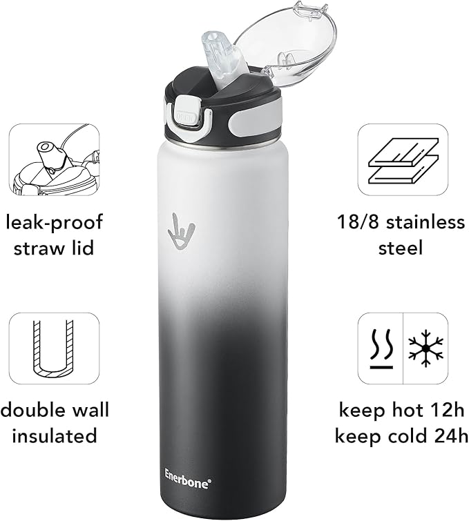 Enerbone 32 oz Insulated Water Bottle, Stainless Steel Bottle with Carrying Strap, Double-Wall Vacuum Insulation Design, Leakproof Sports Bottle with Straw, Keep Drinks Cold or Hot for Hours-PurrikoPets
