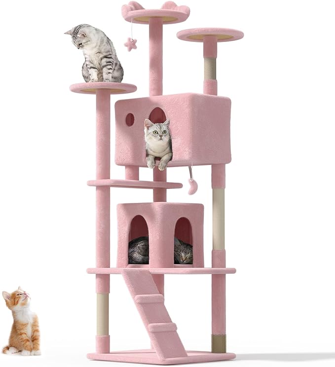 77'' Cat Tree Tower for Indoor Cats Large Adult, Cute/Tall Modern Cat Tree for Big Cats 20 lbs, Plush Multi-Level Cat Condo with Scratching Posts,Dangling Ball (Soft Pink, 77 inch)-PurrikoPets
