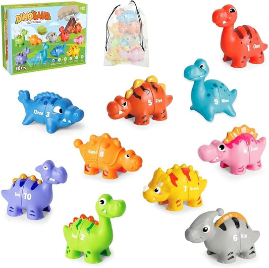 20 PCS Dinosaur Number Learning Toys for Toddlers Kids 3-5, 10 Different Dinosaur Figures, Double Sided Number Matching Game, Preschool Activities Montessori Fine Motor Toys for Toddlers Kids-PurrikoPets
