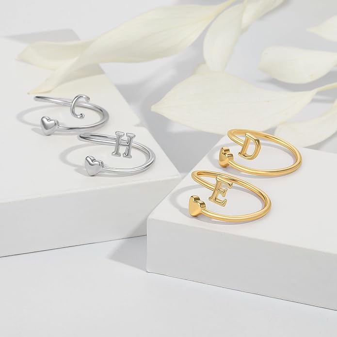 Initial Rings for Women Girls - Valentines Day Gifts for Her, Adjustable Rings for Women Non Tarnish Letter A-Z Dainty Heart Ring Teen Girls Gifts Trendy Stuff Personalized Jewelry Gift