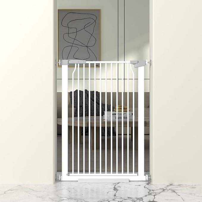 41" Extra Tall Cat Gate for Doorway, 29.6-32.5''W Metal Pet Baby Safe Gate, Extra Wide Pressure Mounted Baby Gate, No Drilling Cat Fence Indoor, Tall Dog Gate, White-PurrikoPets