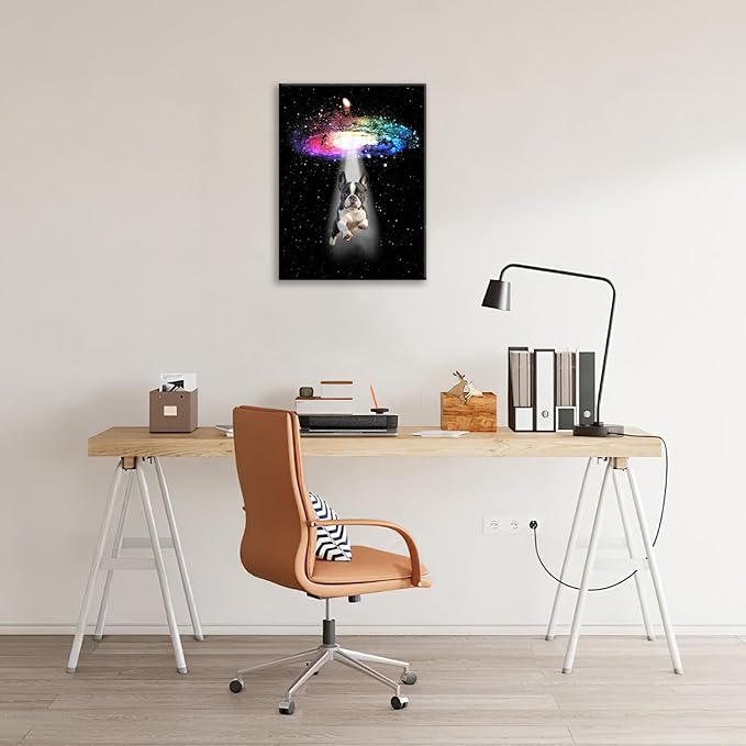 Funny Dog Wall Art Canvas Boston Terrier Wall Decor Prints Framed Painting Bulldog Galaxy Pictures Gifts Artwork for Bathroom 12"x16"-PurrikoPets