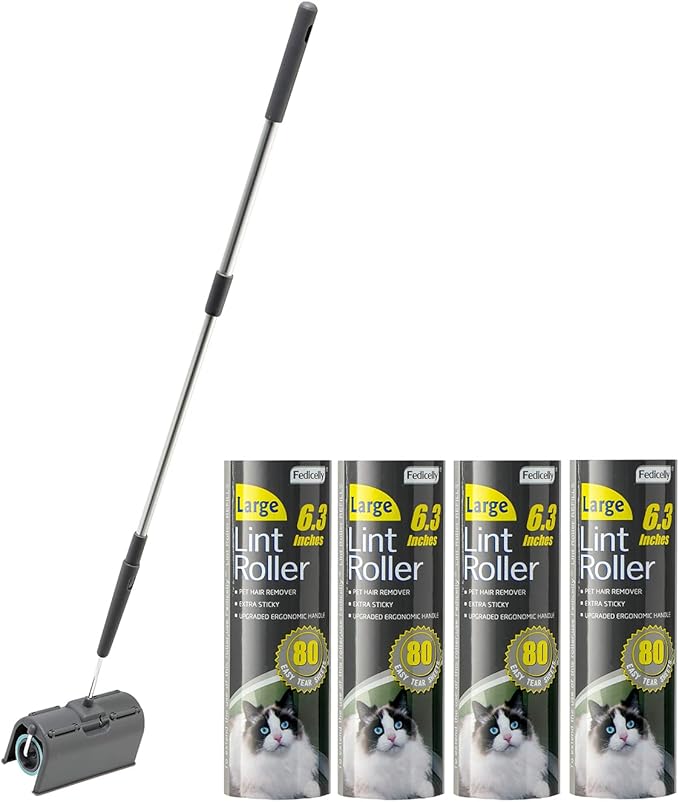 Fedicelly Lint Rollers Pet Hair Extra Sticky Floor with Long Handle,Large Cat Dog Hair Remover Laundry Clothes Carpet Furniture,6.3 inches Wider with 320 Sheets Giant Lint Remover Brush for Couch-PurrikoPets