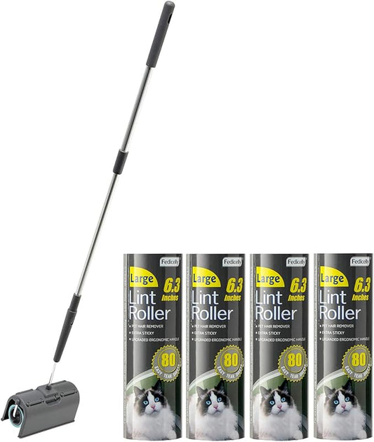 Fedicelly Lint Rollers Pet Hair Extra Sticky Floor with Long Handle,Large Cat Dog Hair Remover Laundry Clothes Carpet Furniture,6.3 inches Wider with 320 Sheets Giant Lint Remover Brush for Couch-PurrikoPets