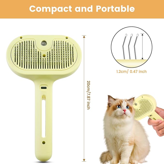 3 in 1 Cat Steam Brush, Pet Spray Hair Removal Comb for Shedding & Grooming, Water Brush for Cats Dogs Small Animals Long Short Haired with One-Click Release Button(Yellow)-PurrikoPets