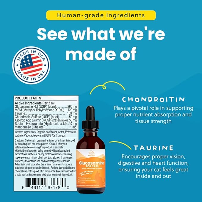 100% Natural Liquid Glucosamine Chondroitin with MSM for Cats, Hip & Joint Supplement for Senior Felines, Arthritis Support & Mobility Booster Glucosamine Drops, 2 Oz-PurrikoPets